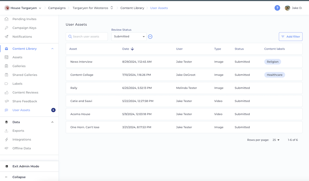 Screenshot of the User Assets Admin Screen